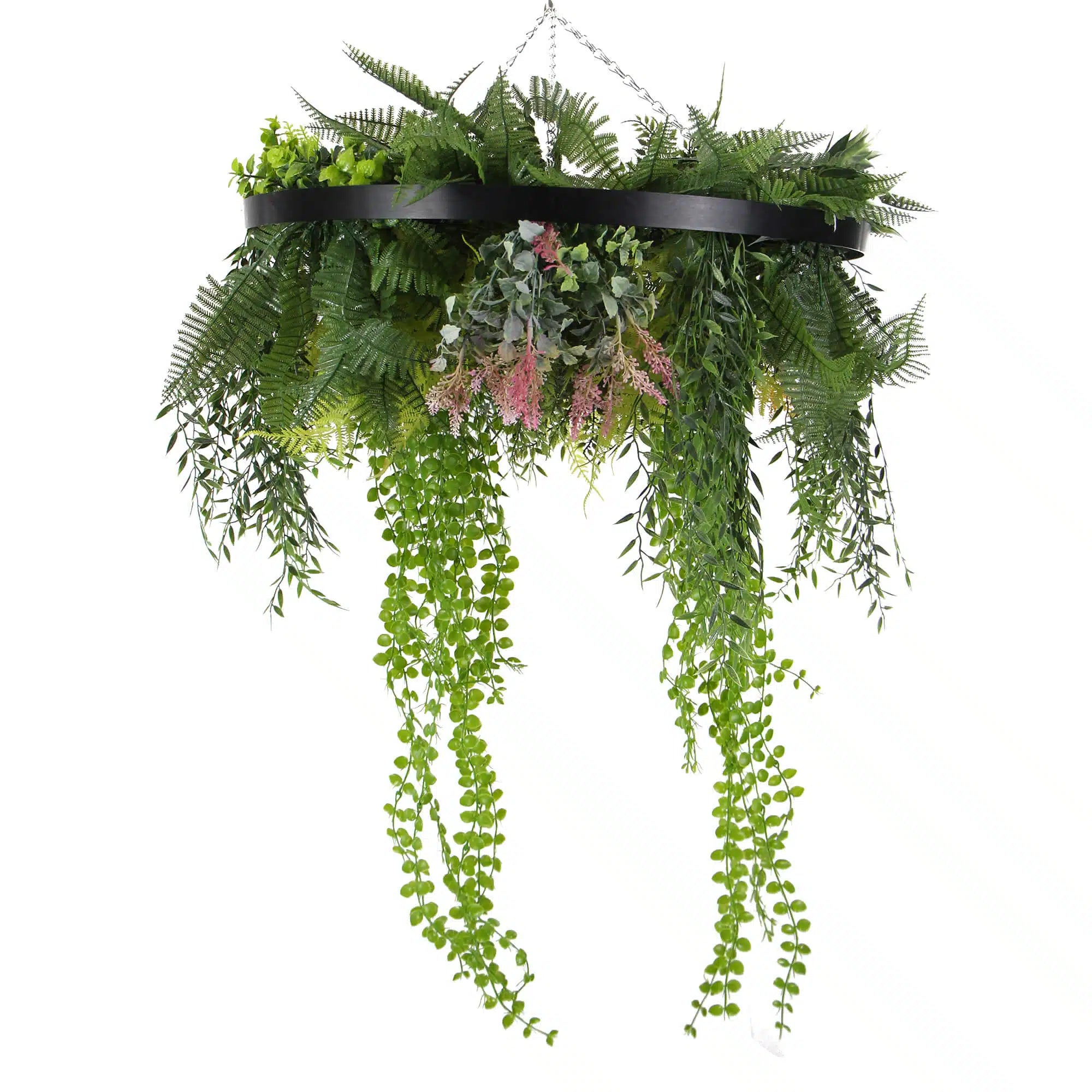 Black Framed Roof Hanging Disc With Draping Faux Plants 24