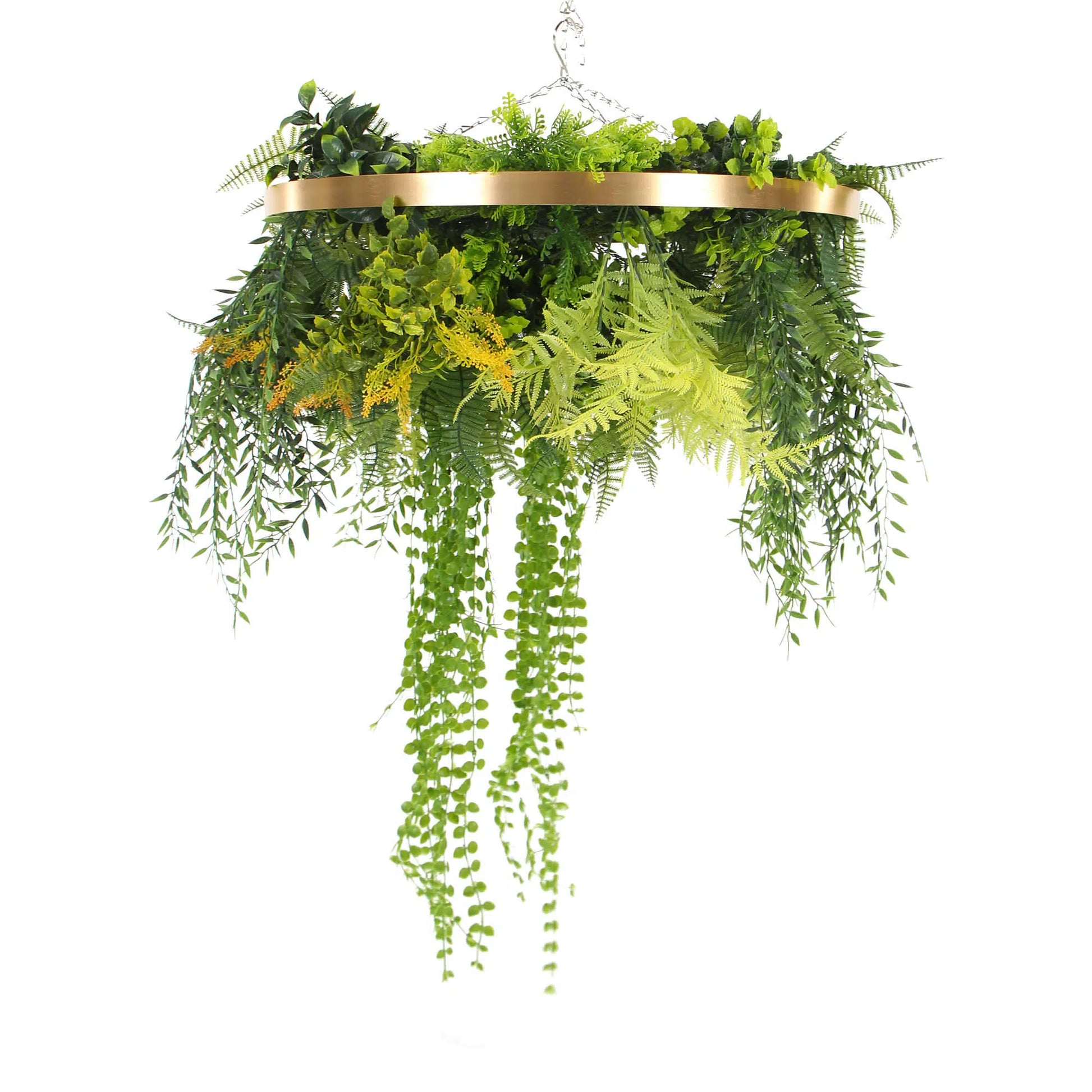 Hanging faux plant disc gold frame