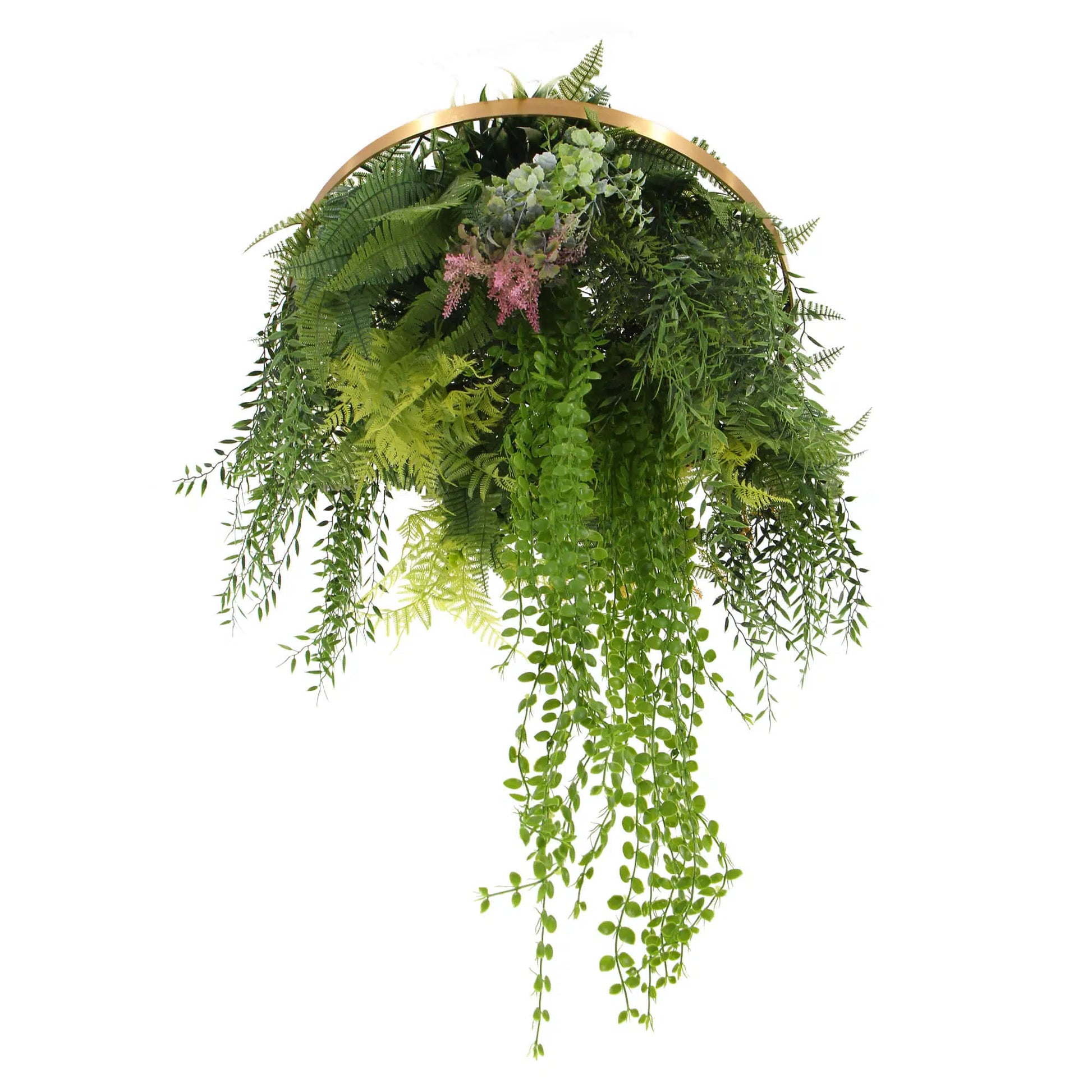 Artificial hanging plant disc with gold frame and long faux pearls