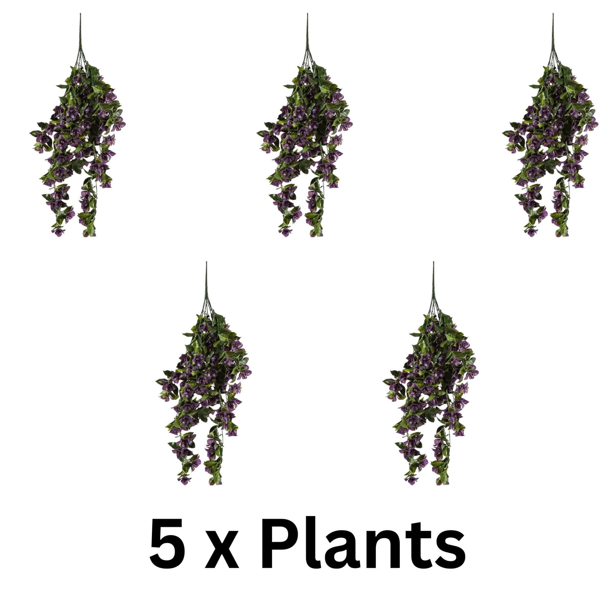 A bunch of (5 Pieces) Vibrant Purple Hanging Artificial Bougainvillea Plant UV Resistant, 35" flowers hanging from a string.