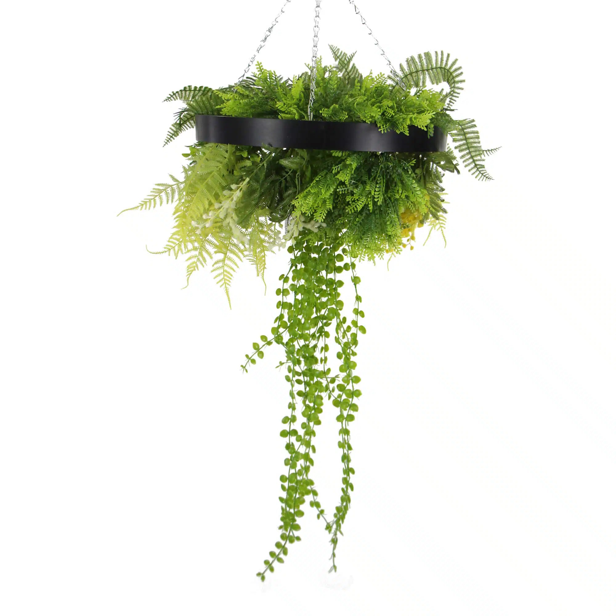 Black Framed Roof Hanging Disc With Draping Faux Plants 15.5