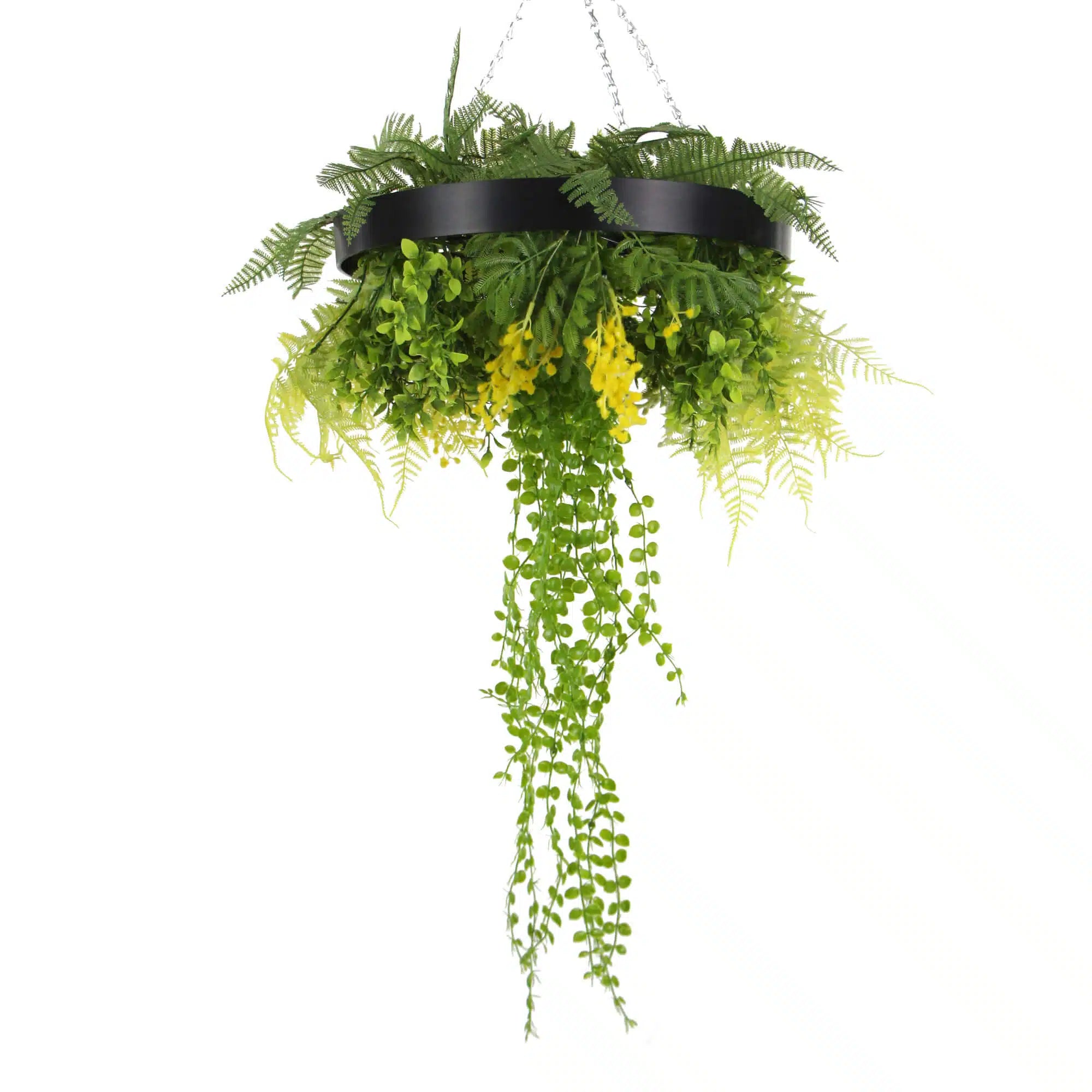 Black Framed Roof Hanging Disc With Draping Faux Plants 15.5