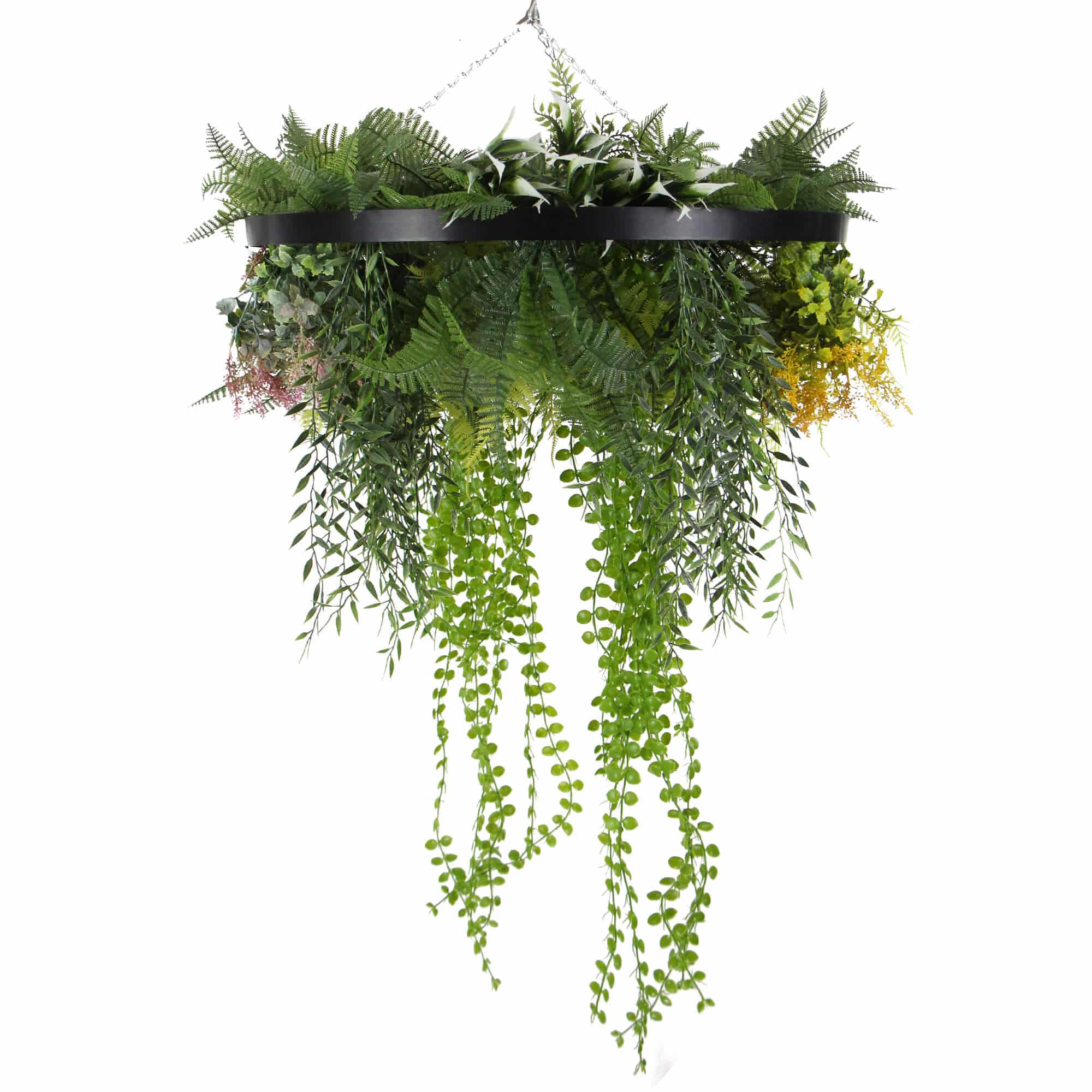 Black Framed Roof Hanging Disc With Draping Faux Plants 24
