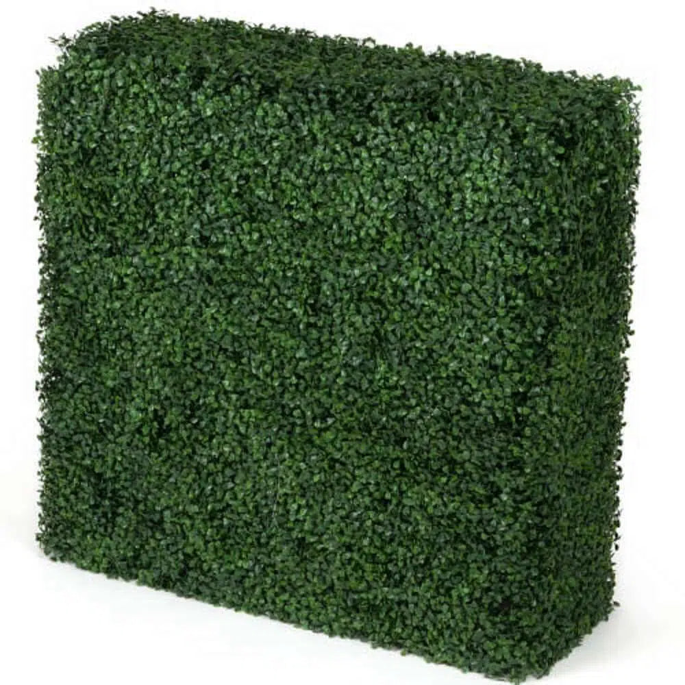 End view of a freestanding artificial boxwood hedge.